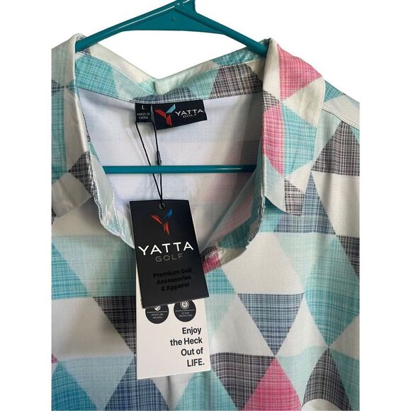 New Yatta Mens Multicolor Geometric Two Button Placket Golf Polo Shirt Size L - Picture 3 of 16